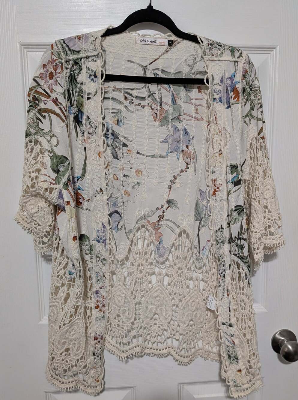 Origami by Vivien Floral Kimono Cardigan Free Size F Lace Trim Boho Open Front